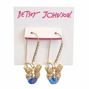 Betsey Johnson Blue Crystal Butterfly Drop Earrings NWT Gold Tone